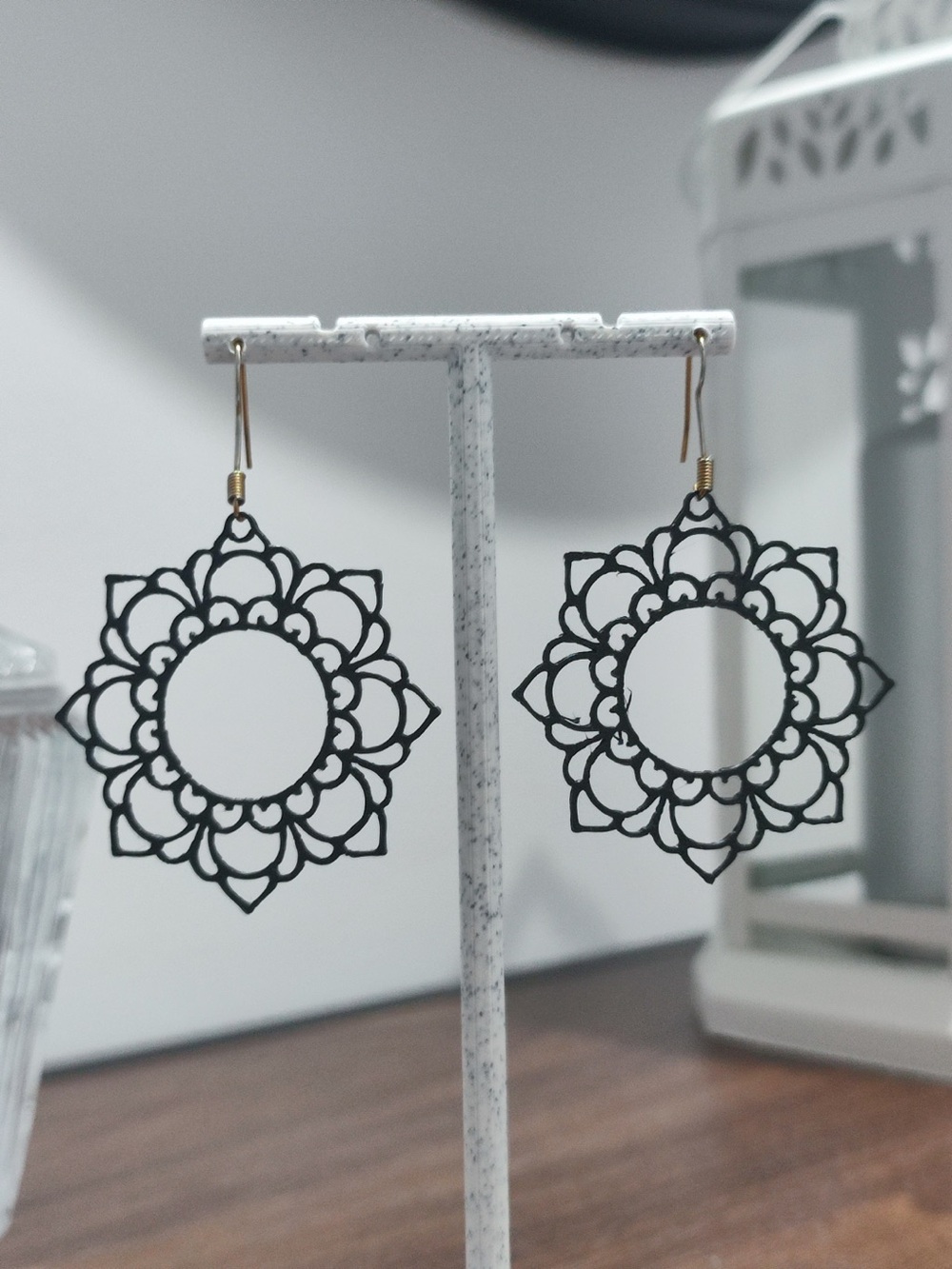 Black Floral Drop Earrings - Unbranded